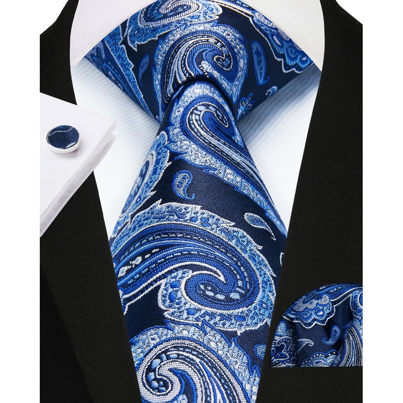 Enlision Men's Ties and Pocket Square Cufflink Set Navyblue Paisley