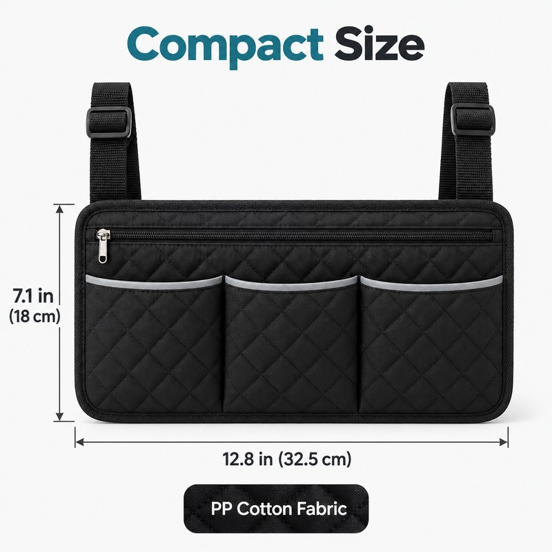 Wheelchair Side Bag – Black Armrest Organizer Pouch with 3