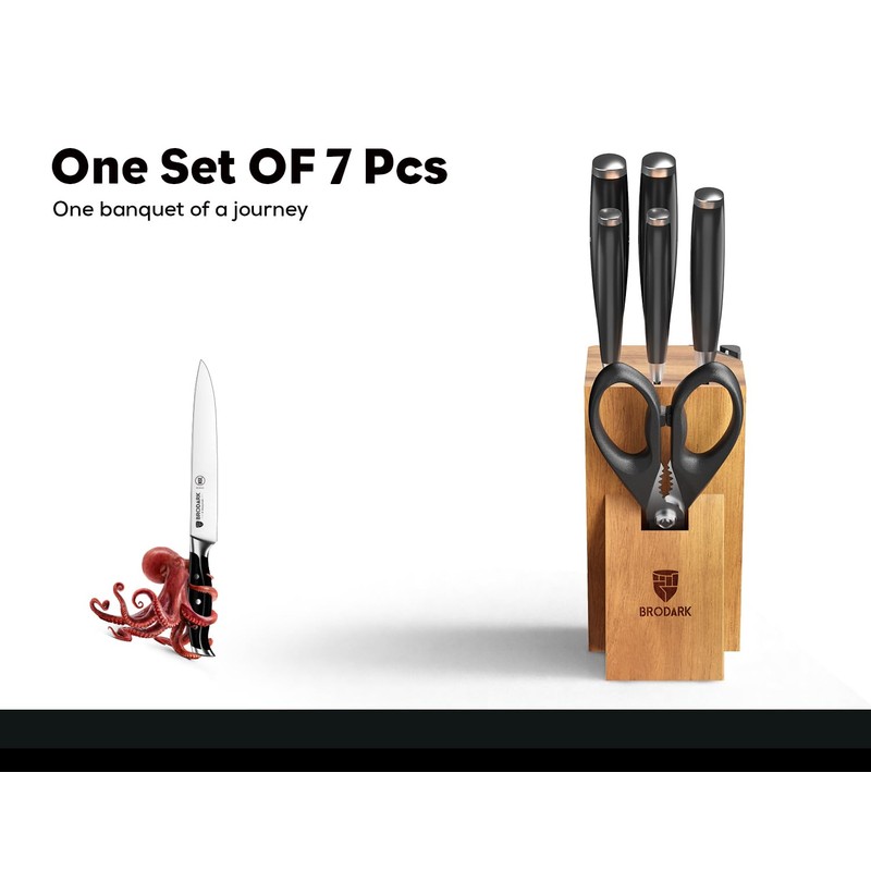 7Pcs Ultra Sharp Kitchen Knife Set, Acacia Wood Block with
