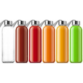 QCen 18oz Clear Glass Bottle for Juicing, Reusable Glass Water Bottles for Juicer Machine, with Stainless Steel Leak-Proof Lids, Wide Mouth Liquid Storage Containers, BPA Free, Set of 6