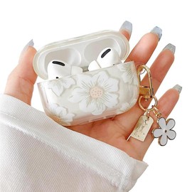 Compatible with AirPods Pro 2 Clear Case,Cute Cartoon Flower Pattern Design with Floral Keychain, Soft TPU Protective Shockproof Case for AirPod Pro 2nd for Girls Women-White