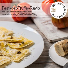 Die Trüffelmanufaktur - Feinkost Trüffel Ravioli mit 3,5 % echtem schwarzem Trüffel, vegetarische Trüffelravioli mit cremiger Frischkäse-Füllung, vorgegarte frische Teigtaschen, 250 g Packung