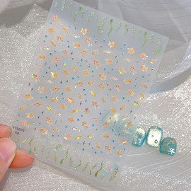 Summer Ocean Nail Stickers 3D Fish Nail Art Sticker Decal Glitter Seaweed Fish Nail Design for Women and Girls Summer Manicute Decor