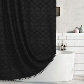Extra Long Black Woven Fabric Boho Shower Curtain with Tassels 72 x 80 Modern Farmhouse Minimalist, Tufted Chevron Textured Striped Shabby Chic, Water Resistant Cloth Curtain for Bathroom, Hotel Decor