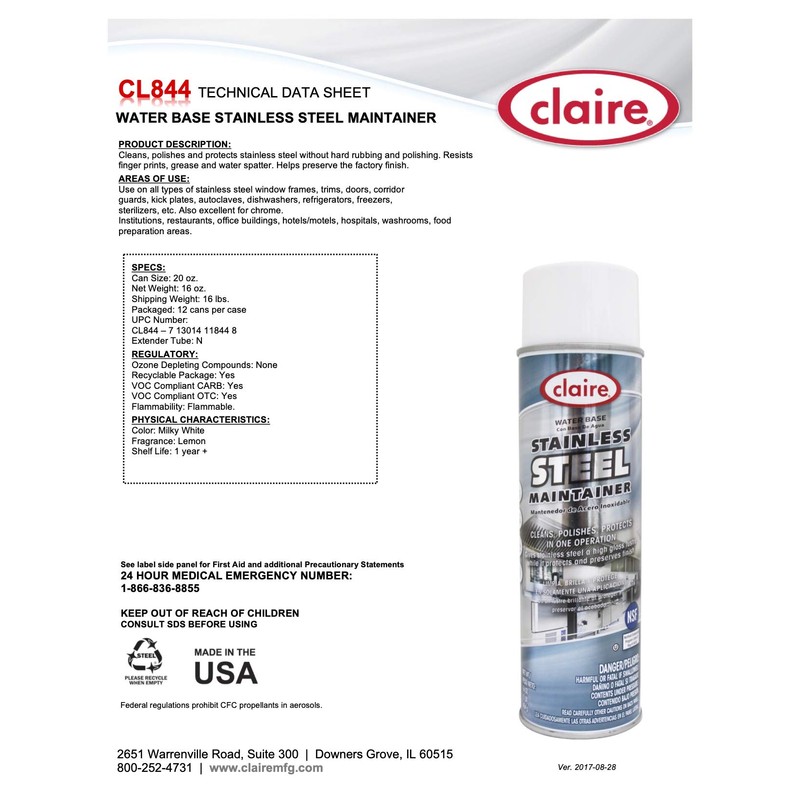 Claire CL844 HP Stainless Steel Cleaner/Maintainer Water Base, 16oz net