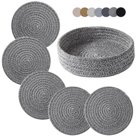 Trivets for Hot Dishes, Trivets for Hot Pots and Pans, Hot Pads for Countertops, Coasters 4 Pcs and Storage Basket 1 Pack, Pot Holders for Kitchen, Cotton Hot Mats Cooking Pad Protect Table (D Grey)