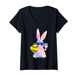 Womens Groovy Cute Easter Bunny Softball Easter Day Men Boys Girls V-Neck T-Shirt