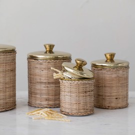 Creative Co-Op Rattan Wrapped Stainless Steel Canisters, Set of 4, Brass Finish Food Storage, 6" L x 6" W x 9" H, Natural