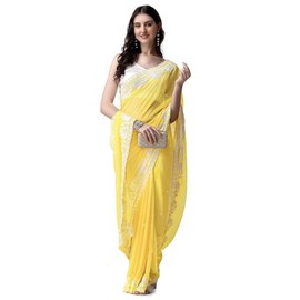 Estationeryhouse Women's Georgette Embroidery Border Work Designer Saree with Blouse Piece (Yellow)