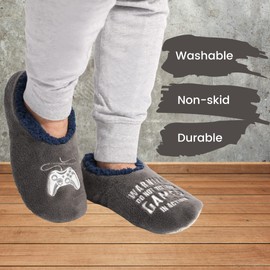 Splosh Men's Grey Gamer Slippers - Large Adult Gamer Slippers with a fun design to keep you warm in soft, comfy and fluffy mens slippers. Machine washable with non-skid soles! Gamer Gifts For Men.