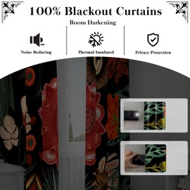 Tyrot Black Boho Floral 100% Blackout Curtains for Living Room 63 inch Long 2 Panels Mid Century Botanical Black Out Curtains for Bedroom Grommet Thermal Insulated Room Darkening Window Drapes,42Wx63L