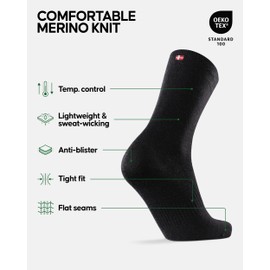 DANISH ENDURANCE Merino Wool Hiking Liner Socks, Thermal, Anti-Blister for Men and Women 2- Pack, Black, Large