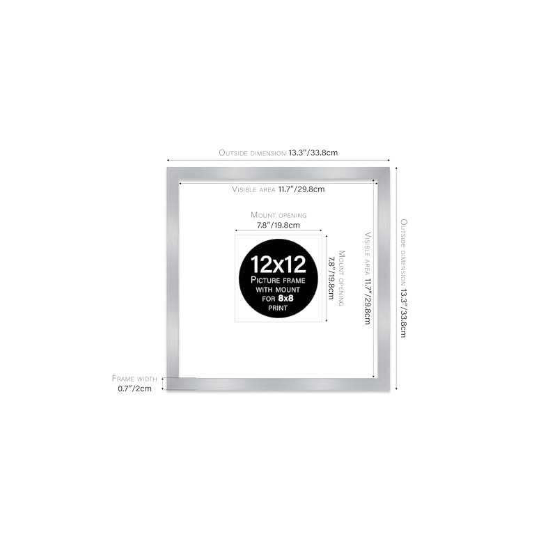 12x12" Square Picture Frame, Display Pictures 8x8" With Mat or
