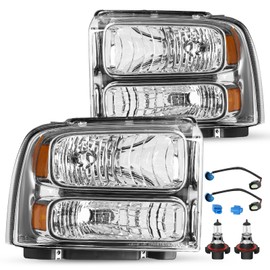 JSBOYAT Headlight Assembly w/Bulbs & Harness Replacement for 99-04 Ford F250 F350 F450 F550 Super Duty 00-04 Ford Excursion Headlamp Driver & Passenger Side (Chrome Housing with Amber Reflector)
