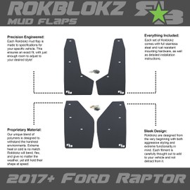 RokBlokz Mud Flaps for 2017-2020 Ford Raptor - Set of 4 - Multiple Colors Available - Mud Guards are Custom Cut and Fit - Includes All Mounting Hardware (Black with White Logo)