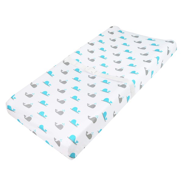 American Baby Company Printed 100% Cotton Knit Fitted Contoured Changing Table Pad Cover - Compatible with Mika Micky Bassinet, Aqua Whale, for Boys and Girls
