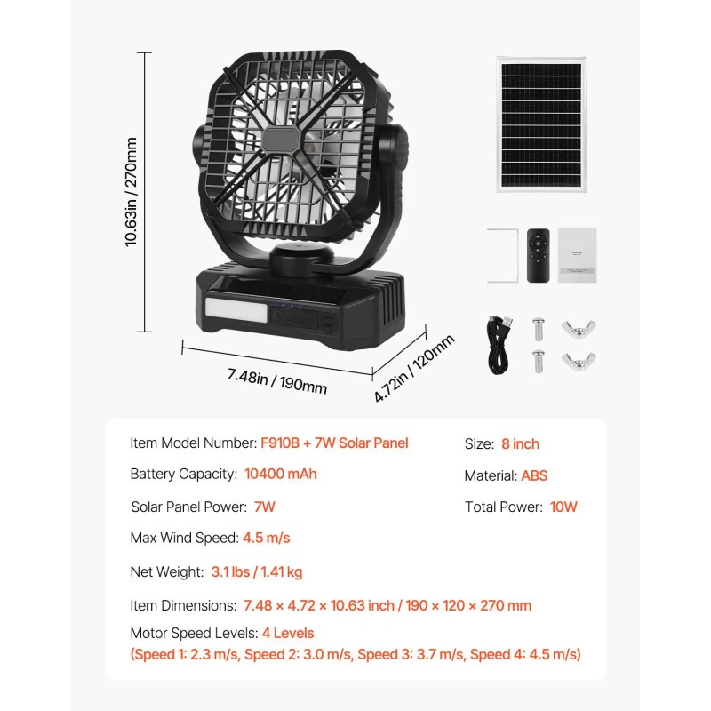 7W 8 Inch Solar Fan with LED Light 10400mAh Rechargeable