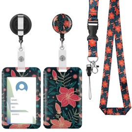 Vicloon Badge Holder with Lanyard, 2Pcs ID Card Holder, Retractable Badge Reel Clip & Detachable Strap (Red Flower)