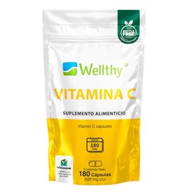 Wellthy Vitamina C 180 Cápsulas. 300mg, Solo 1 Cápsula al día, VCaps Capsulas Veganas, Bottle Free. Hecho en Planta Certificada