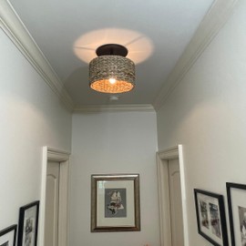 Worth Home Products Woven Seagrass Flush Mount Ceiling Light with Matte Black Base Recessed Can Conversion Kit for 6" Cans | Instant Installation for Bedroom, Hallway, Dining Room and More