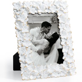 Axeman 4x6 Vintage Picture Frame, Flower Textured Hand-Crafted Resin Photo Frame with HD-Tempered Glass for Tabletop & Wall Display, Decorative Floral Design Home Décor, Art, Wedding, White & Gold
