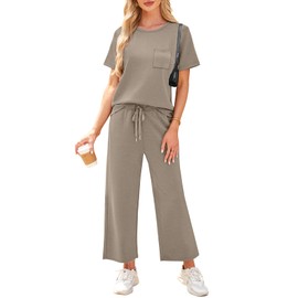 WIHOLL Workout Sets for Women 2 Piece Short Sleeve Summer Cruise Business Casual Outfits 2025 Going Out Two Piece Sets Women's Clothing Country Concert Crew Neck Tracksuits Coffee L