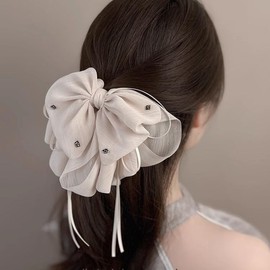 HAIRUO Elegant Hair Claws with Beaded for Women,Fashion Beige Bow Hair Claw Hair Accessories