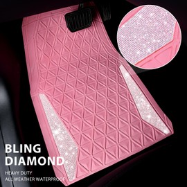 CAR PASS Bling Car Mats Diamond Rubber Floor Mats Full Set Anti-Slip 3D Rhombus Waterproof Trim to Fit Liner Universal Glitter Crystal Sparkly Shining Rhinestone Girl Women SUV Sedan Van, Pink Rubber