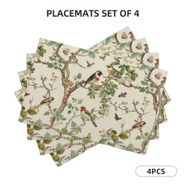 Green Floral Bird Placemats Set of 4 Vintage Flower Decor Place Mats 12x18 Inch Nature Spring Summer Seasonal Decorative Linen Table Mats for Home Kitchen Dining Party Table Decoration