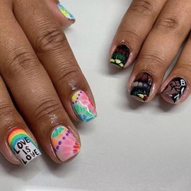 BABALAL Press on Nails Short Square Fake Nails White Black Glue on Nails Juneteenth Acrylic Nails Rainbow False Nails 24pcs manicure Stick on False Nails Supplies Glossy Nail Art Squoval Diy