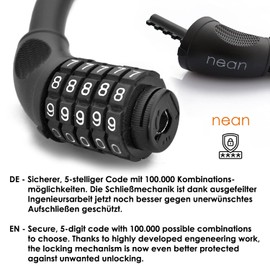 nean Bicycle Lock, Bicycle Cable Lock, Bicycle Lock with Numbers, Combination Lock with Code, 20 x 1000 mm, Extra Thick, Soft Touch Surface, Black