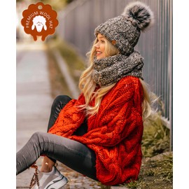 Mfaz Morefaz Ltd Winter Beanie Women's Hat and Scarf Alpaca Wool Worm Fleece Pom Pom -