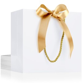 EUSOAR White Thank You Gift Bags with Handles, 12pcs 8.6"x3.9"x7" Small Party Favor Paper Bags with Bow Ribbon, Gift Wrap Treat Bags Bulk for Wedding Birthday Holiday Bridal Party