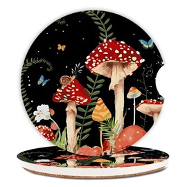 2 Pack Cute Mushroom Pattern Absorbent Car Coasters for Cup Holders,2.56" Ceramic Coasters with Cork Back and Finger Slot,Auto Accessories for Women & Men.
