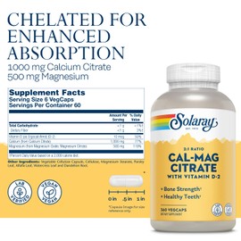 Solaray Calcium Magnesium Citrate 2:1 Ratio with Vitamin D2, Healthy Bone, Muscle & Nerve Support, 60 Serv, 360 VegCaps