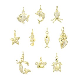Stiesy 10 Pcs 10 Styles Sea Life Theme Brass Charms Micro Pave Cubic Zirconia Golden Charms Cute Mermaid Crab Starfish Tortoise Shapes Pendants for DIY Bracelet Jewelry Making Bulk