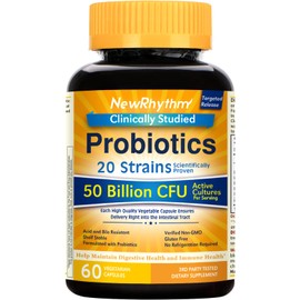 NewRhythm Probiotics 50 Billion CFU 20 Strains, 60 Veggie Capsules, Targeted Release Technology, Stomach Acid Resistant, No Need for Refrigeration, Non-GMO, Gluten Free