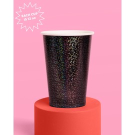 xo, Fetti Black Iridescent Shimmer Paper Cups | 50 pcs 12 oz | Bachelorette Party Drinkware, Birthday Tablescape Supplies, NYE Disco Rave Decor
