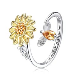 UENXRXE Sunflower Spinning Ring Anxiety Ring Anti-Stress Ring Anxiety Ring Worry Rings Anxiety Spinning Rings for Women Zirconia Fidget Rings Adjustable Stackable for Stress Relief, Metal