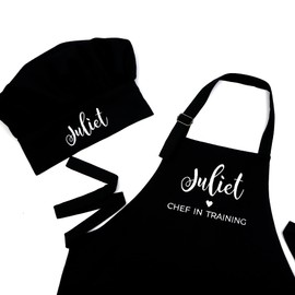 Apron and Chef Hat Set Black for Kid Boy Girl Adult, Adjustable Bib Apron with Pockets Cooking Baking (05 black)