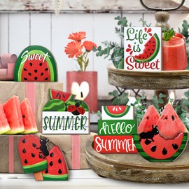 Uruney Summer Tiered Tray Decor, Red Green Watermelon Tray Decorations, Hello Summer Sweet Popsicle Ant Wooden Signs, Farmhouse Rustic Summer Decorations for Home Table Shelf Mantel Party