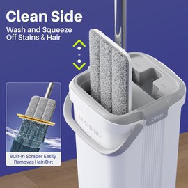 BOSHENG Mop and Bucket Set, Flat Mops for Floor Cleaning, Wall Mop with 60" Extensible Handle, Hardwood Floor Mop with 4 Microfiber Pads