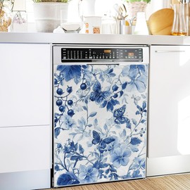 Butterfly Magnet Dishwasher Cover,Berry Plant Blue Magnet Sticker Fridge Panel Decal for Home Kitchen Decor, 23 W x 26 H Inch