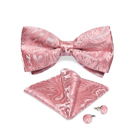 DiBanGu Mens Pre Tied Bow Tie Silk Adjustable Bow Tie with Woven Pocket Square Formal Cufflinks Wedding Party Pink and White Paisley One Size, Pink and white paisley pattern