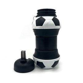 Soccer Style Kids Water Bottle Collapsible Silcione Water Bottles, Leakproof 16oz Portable Foldable Expandable Water Bottle Sports Cups with Straw, BPA Free, for Outdoor (Black)