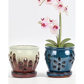 Vensovo 4 Inch Ceramic Orchid Pots with Drainage Holes and Saucers, 2 Pcs Small Planters for Orchids Succulents Repotting, Indoor Outdoor Ceramic Flower Pots for Healthy Root Growth (Blue Brown Mixed)