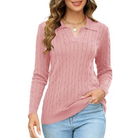 Micoson Womens Fall Sweaters 2024 Knitted V-Neck Collared Business Pullover Long Sleeve Winter Elegant Casual Sweater (Pink,S)