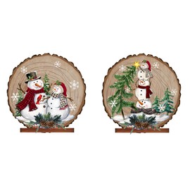 Lighted LED Snowman Standing Ornaments Large Tabletop Wooden Christmas Decor Display - Set of 2 Battery-Operated Auto Timer Round Holiday Decoration Plaques
