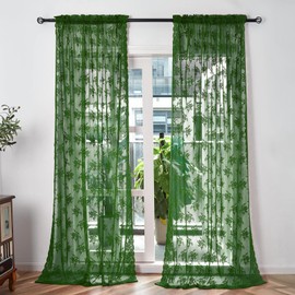 Kotile Hunter Green Sheer Curtains 80 Inches Long 2 Panels Country Rustic Floral Dark Olive Green Lace Curtains for Moody Dark Academia Room, Rod Pocket Privacy Emerald Sheer Drapes, Each 52 x 80 Inch