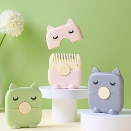Portable Cat Design Self-Cut Bangs Scissors & Mini Trimming Comb Bangs Cut Pink 6ea